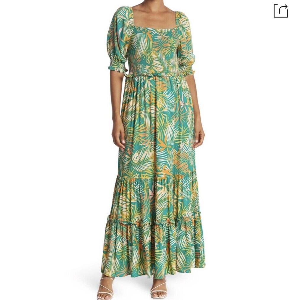 Betsey Johnson Medium Maxi Dress Square Neck Puff Sleeves Tropical Pepper Green